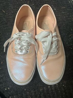 Vans Women's Blush Pink Satin-Look Sneakers with White Ribbon Laces